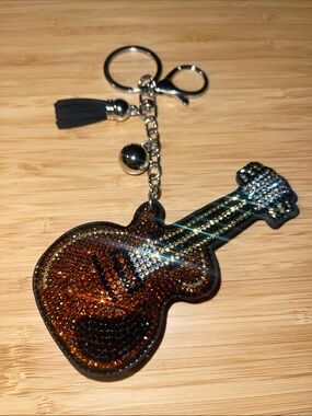 Dark Brown Guitar Puff Rhinestone Keychain Bag Charm